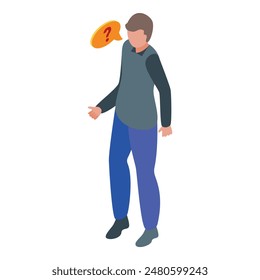 Isometric illustration of a man with a question mark in a speech bubble indicating confusion or curiosity