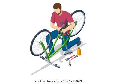 An isometric illustration of a man repairing a green bicycle. The bike is upside down, and he is adjusting the chain. Tools and lubricant are placed nearby.