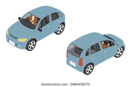 Isometric illustration: man riding a compact car