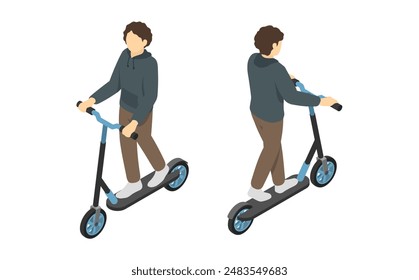 Isometric illustration: man riding a kick scooter