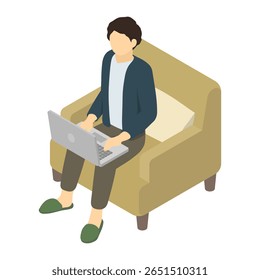 Isometric illustration: man sitting on a sofa using a laptop