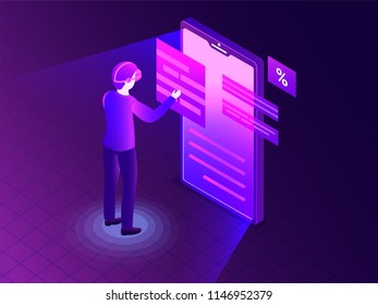 Isometric illustration of a man with smartphone for Deep Learning concept based responsive web banner design.