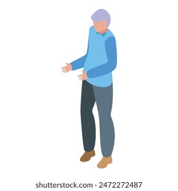 Isometric illustration of a man standing and making a gesture with his hands, against a white backdrop
