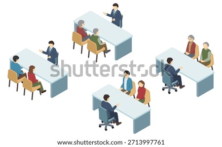 Isometric illustration: A man in a suit explaining something over a desk