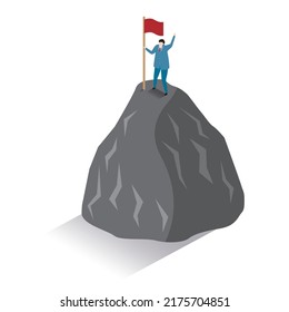 It is an isometric illustration of a man in a suit with a flag on the top of a mountain.