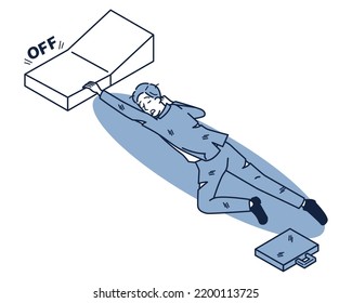 It is an isometric illustration of a man in a suit who turns off the switch while sleeping exhausted.