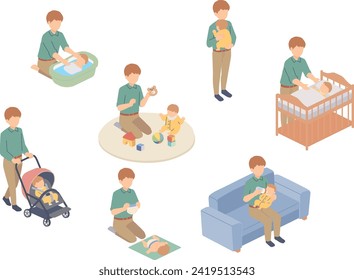 Isometric illustration of a man taking care of a baby