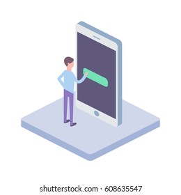 Isometric illustration of man touching smartphone screen