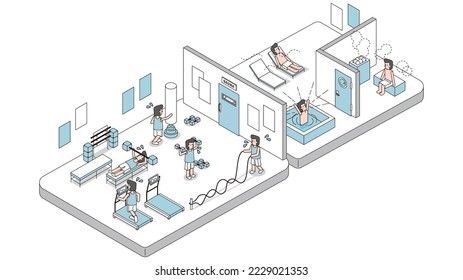 It is an isometric illustration of a man training in the gym and sweating in the sauna.