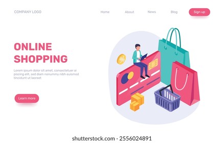 Isometric illustration of a man using a laptop sitting on a credit card, shopping bags, shopping basket, boxes and percentage symbol, representing the concept of online shopping