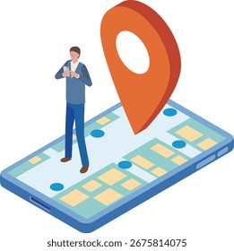 Isometrische Illustration eines Mannes mit einer Standort-App