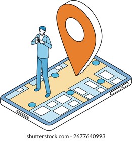Isometric illustration of a man using a location app