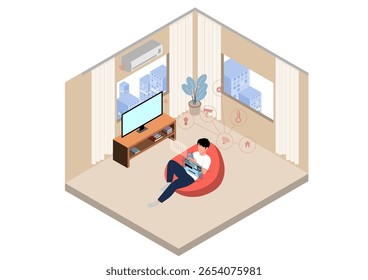 Isometric illustration of a man using tablet to control smart home devices. Cozy modern living room with icons showing temperature, lights, and security controls.,Modern isometric vector flat design