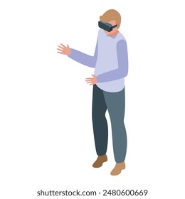 Isometric illustration of a man using a vr headset, gesturing with his hand