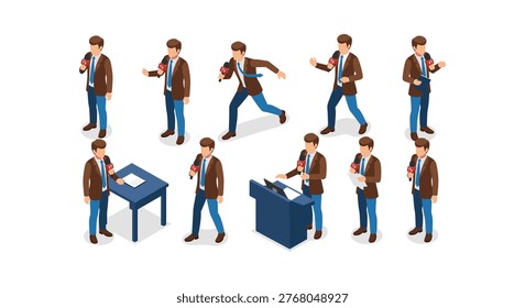 Isometric illustration of a man in various poses with microphone isolated on white background
