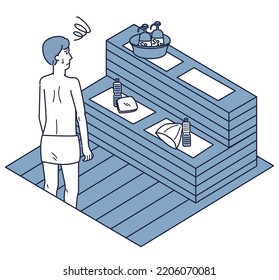 It is an isometric illustration of a man who is disappointed with the bad manners because the place is taken in the sauna.