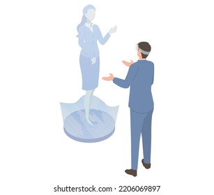It is an isometric illustration of a man who interacts with a three-dimensional female floating in 3D space using an AR lens.
