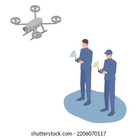 Es una ilustración isométrica de un hombre que opera un dron y un hombre que opera una cámara de un dron.