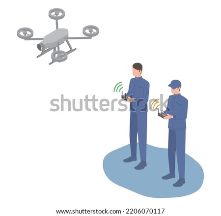 It is an isometric illustration of a man who operates a drone and a man who operates a camera of a drone.