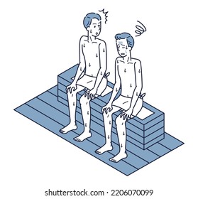 It is an isometric illustration of a man who seems to be sick and anxious looking at him in the sauna.