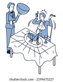 It is an isometric illustration of a man who is surprised at the crickets on the plate for the first insect food and a male staff who brought food.