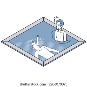 It is an isometric illustration of a man who is surprised to see a man diving in a water bath.