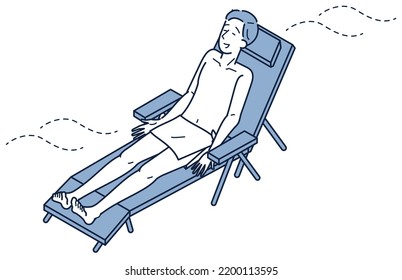 It is an isometric illustration of a man who takes a water bath after the sauna, sits on a chair outside and enjoys the outside air bath.