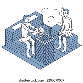 It is an isometric illustration of a man who violates manners and an angry man who puts a towel wiped with sweat on a stone.