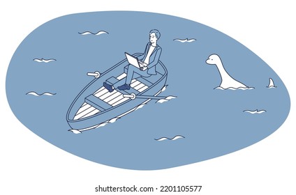 It is an isometric illustration of a man who worcates using a personal computer while riding a boat on the lake.