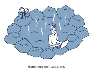 It is an isometric illustration of a man who works using a personal computer while soaking in a hot spring on a trip.