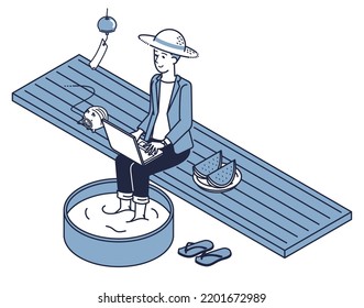 It is an isometric illustration of a man who works on the porch of an inn using a personal computer.