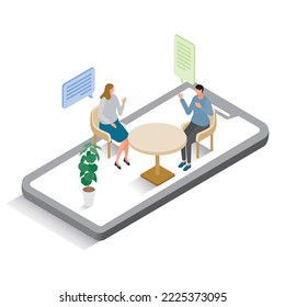 An isometric illustration of a man and a woman enjoying an online conversation.
