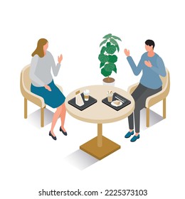 It is an isometric illustration of a man and a woman enjoying conversation in a cafe.