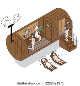It is an isometric illustration of a man and a woman enjoying a barrel sauna.