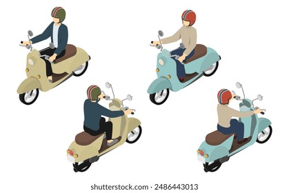 Isometric illustration: a man and a woman riding a motorcycle