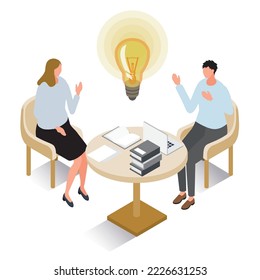 It is an isometric illustration of a man and a woman who had a meeting and came up with an idea.