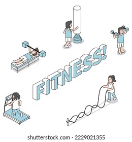It is an isometric illustration of a man and a woman who enjoy fitness at the gym.