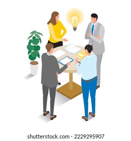 It is an isometric illustration of a man and a woman who had a meeting and came up with an idea.