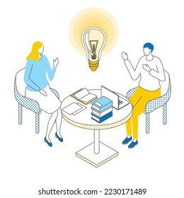 It is an isometric illustration of a man and a woman who had a meeting and came up with an idea.