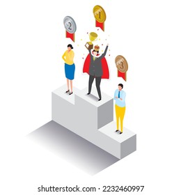 It is an isometric illustration of a man and a woman whose ranking has been decided after a match.