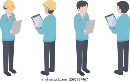 Isometric illustration of a man in workwear looking at a tablet