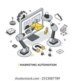 Isometric illustration of marketing automation. Robotic arms in front of a computer monitor automate marketing tasks, showing workflows and campaign channels. Concept for marketing technology