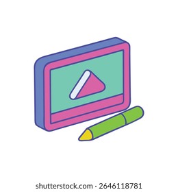 Isometric illustration of a media player displaying a play button with a graphic pen placed beneath. Flat design and pastel color scheme.