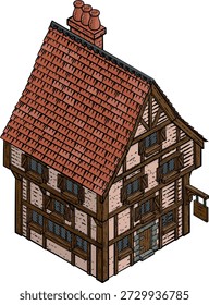 Isometric illustration of a medieval timber-frame house with red tiled roof, wooden beams, and leaded windows. Perfect for fantasy maps, games, worldbuilding, or historical architectural design.