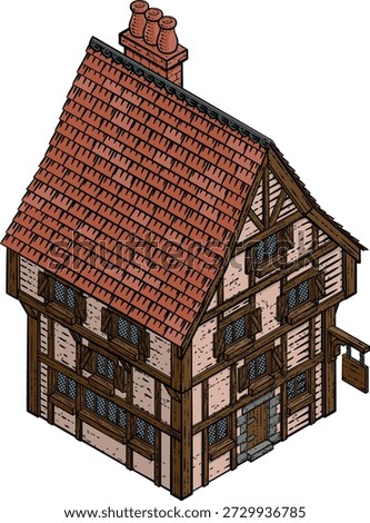 Isometric illustration of a medieval timber-frame house with red tiled roof, wooden beams, and leaded windows. Perfect for fantasy maps, games, worldbuilding, or historical architectural design.