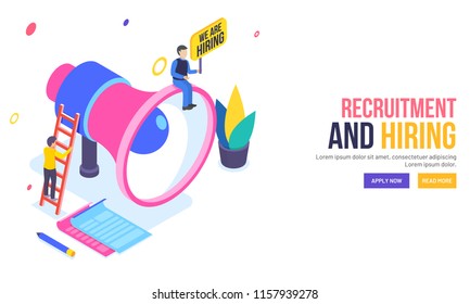 Isometric illustration of megaphone with business people or candidates for Recruitment and Hiring concept landing page design.