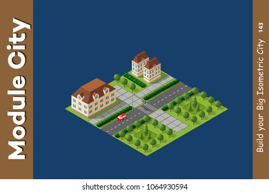 Isometric illustration megapolis city quarter with streets, skyscrapers, trees and houses. Urban landscape top view