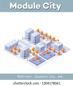 Isometric illustration megapolis city quarter with streets, skyscrapers, trees and houses. Urban landscape top view