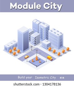 Isometric illustration megapolis city quarter with streets, skyscrapers, trees and houses. Urban landscape top view