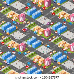 Isometric illustration megapolis city quarter with streets, skyscrapers, trees and houses. Urban landscape top view